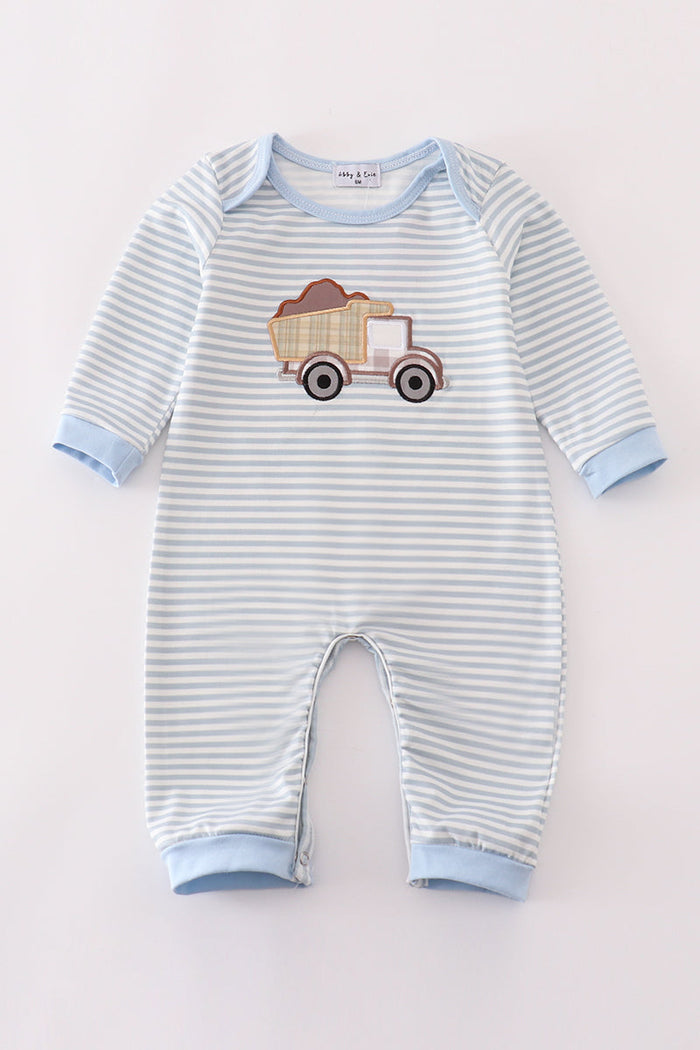 Blue stripe dump truck applique boy romper