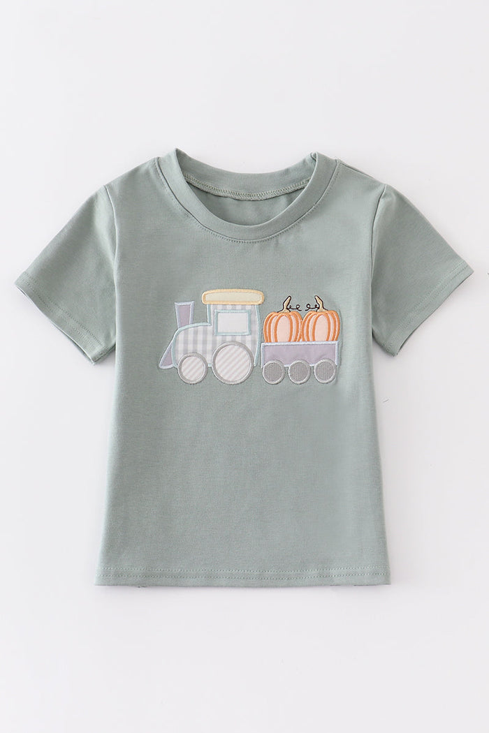 Green train pumpkin applique boy top