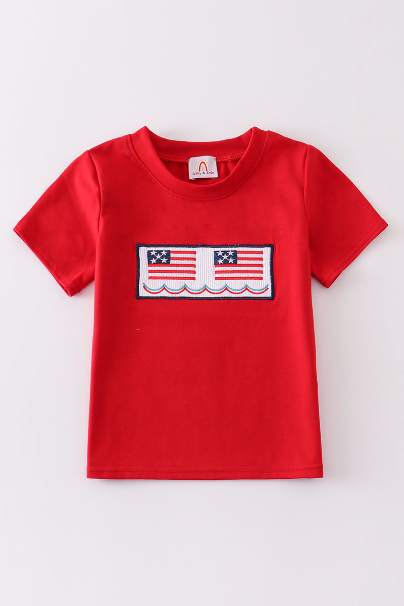 Patriotic flag embroidery smocked boy top