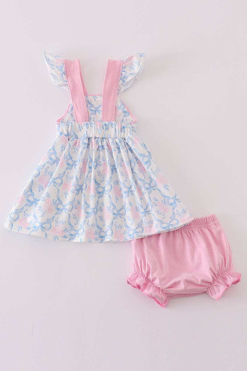 Blue bow tie print girl bloomer set