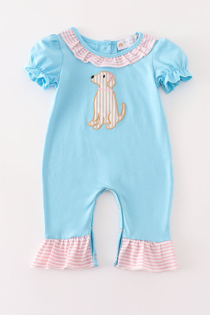 Blue puppy applique girl romper