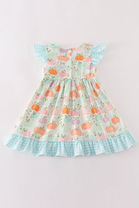 Blue pumpkin embroidery ruffle dress