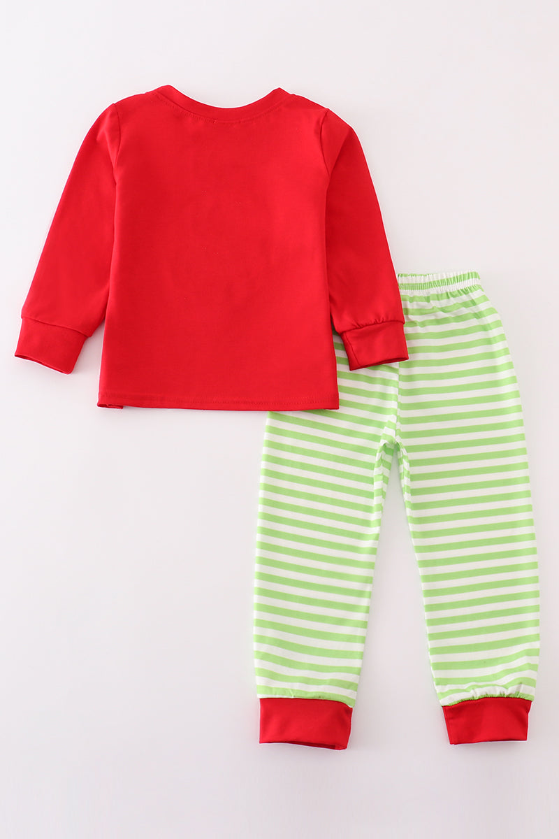 Red christmas grinch applique boy pajamas set