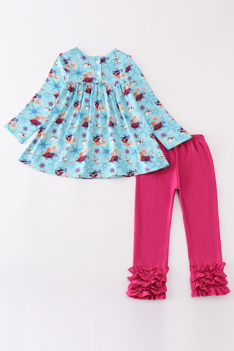 Blue princess embroidery ruffle girl set