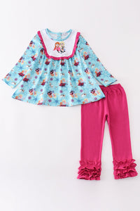 Blue princess embroidery ruffle girl set