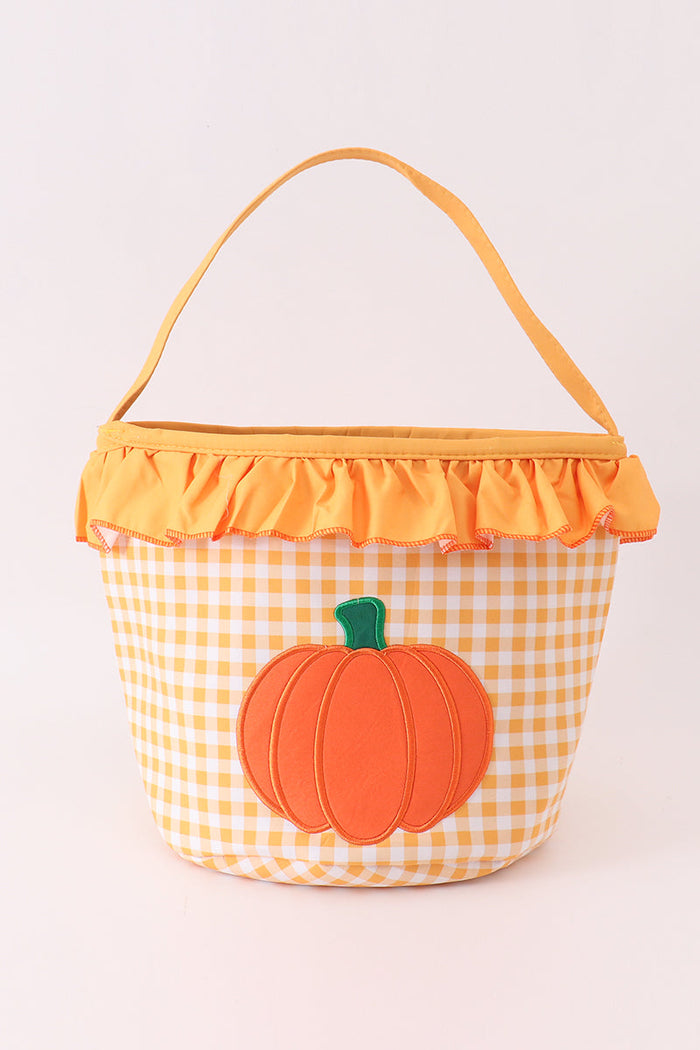 Pumpkin applique halloween checkered ruffle candy bucket