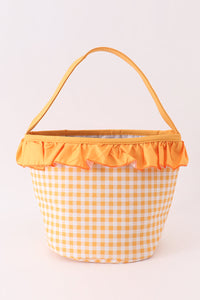 Pumpkin applique checkered ruffle candy bucket