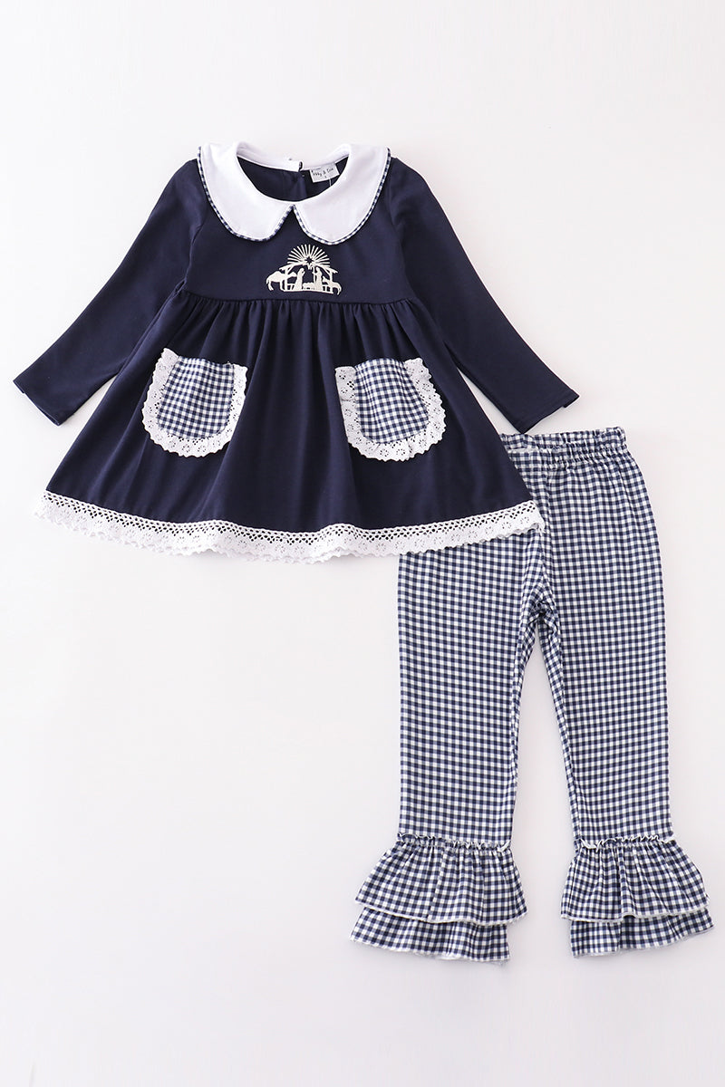 Navy nativity embroidery gingham girl set