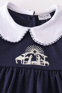 Navy nativity embroidery gingham girl set