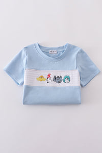 Blue Dr. Seuss embroidery smocked top