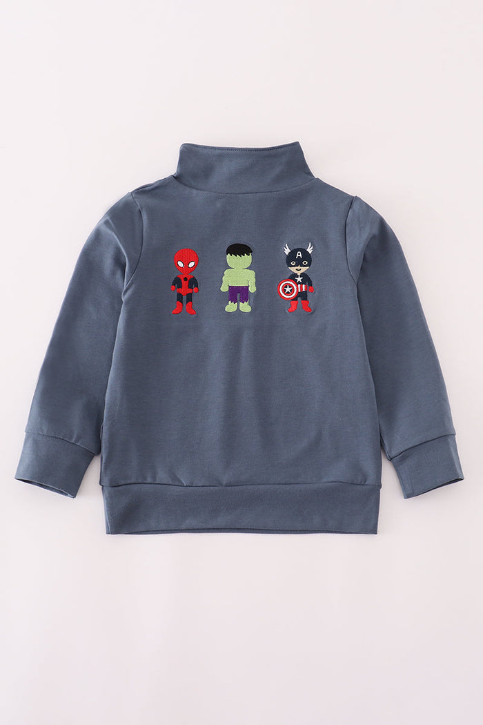 Navy character embroidery zip pull over