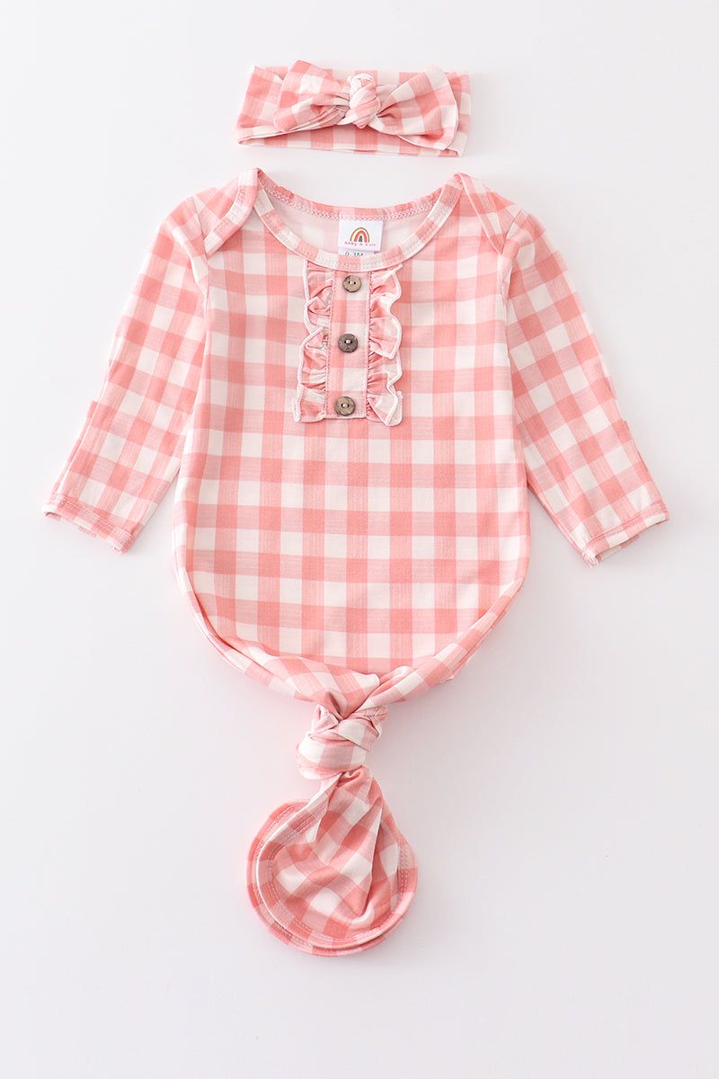 Pink plaid hairband baby gown