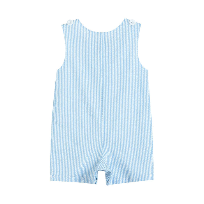 Light Blue Seersucker Fuzzy Bunny Shortalls