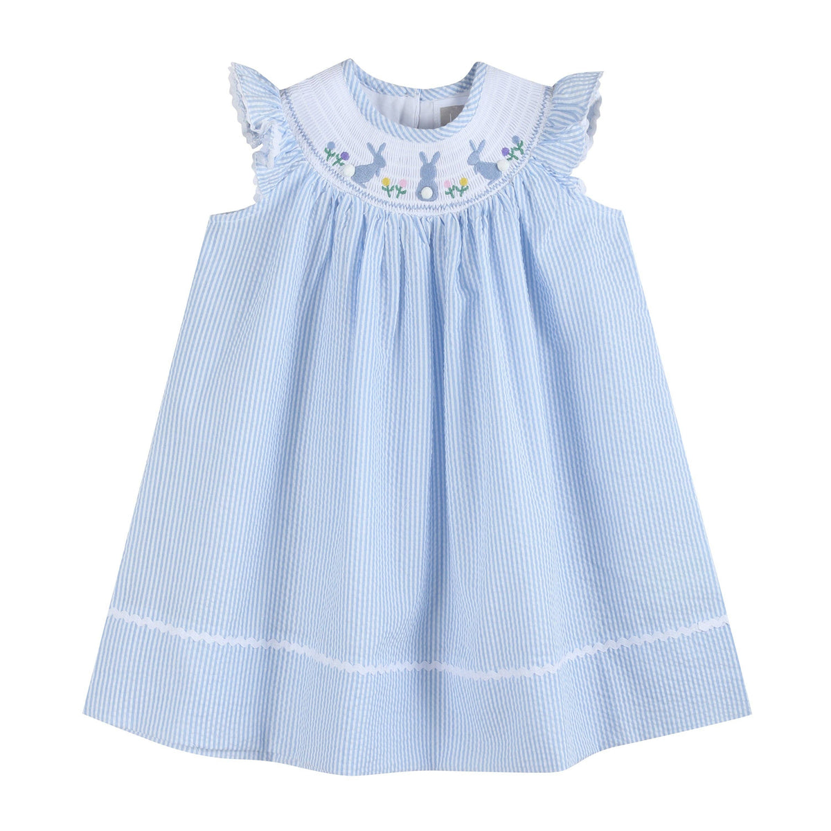 Light Blue Seersucker Easter Bunny Smocked Bishop Dress