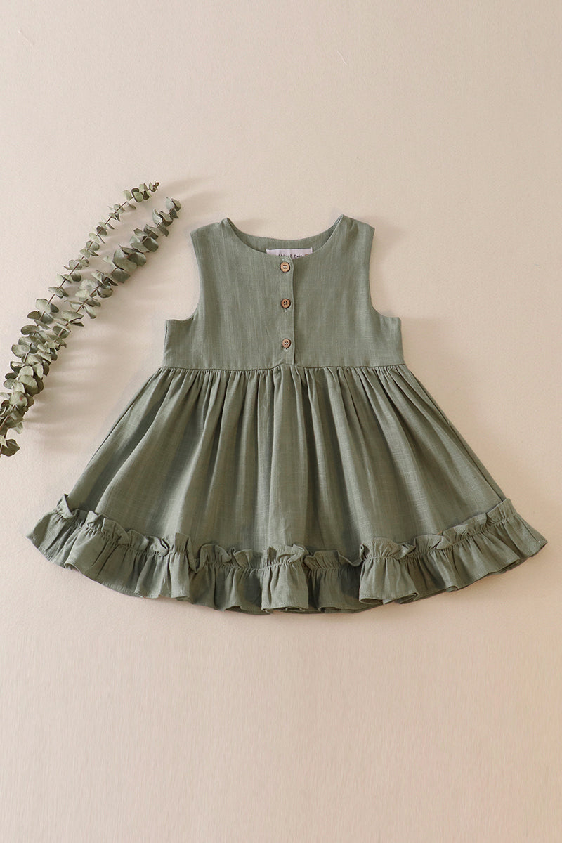 Sage ruffle button linen dress