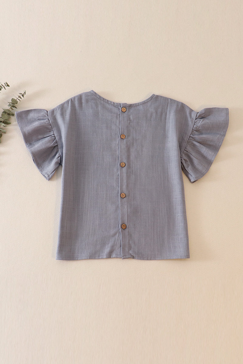 Blue ruffle linen girl top