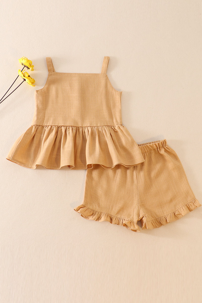 Beige linen ruffle 2pc girl set