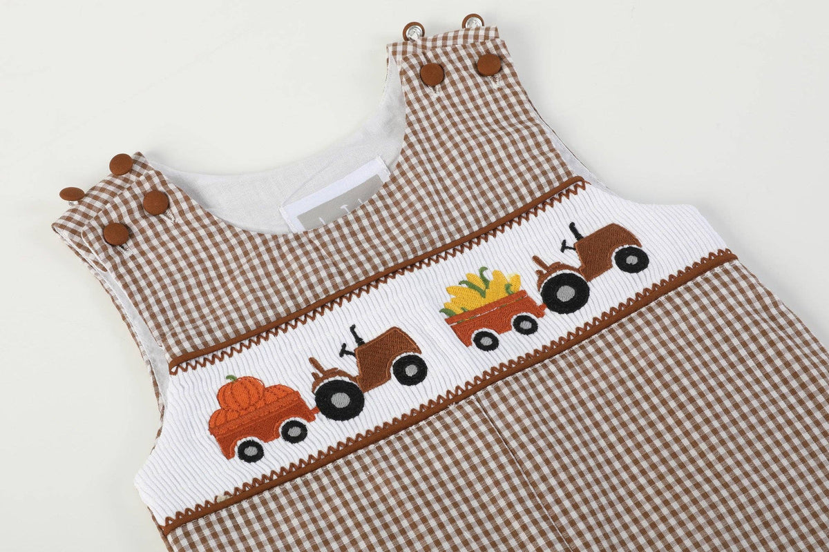 Brown Gingham Pumpkin and Corn Tractor Smocked Overalls