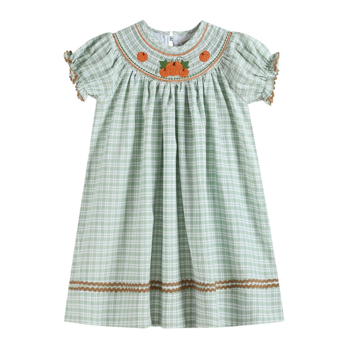 Sage Green Plaid Pumpkin Smocked Bishop Dress