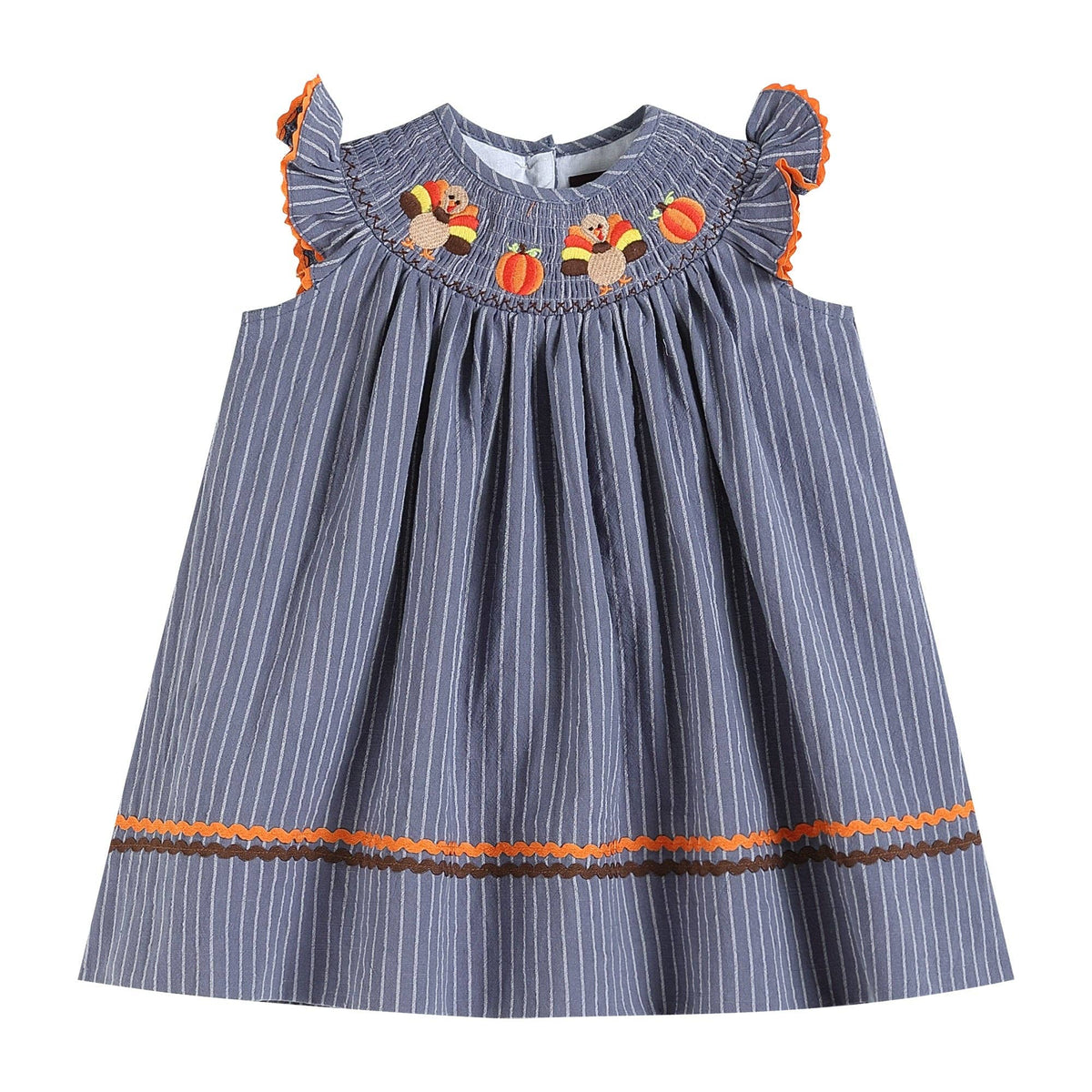 Gray Blue Smocked Turkey & Pumpkins Thanksgiving Dress