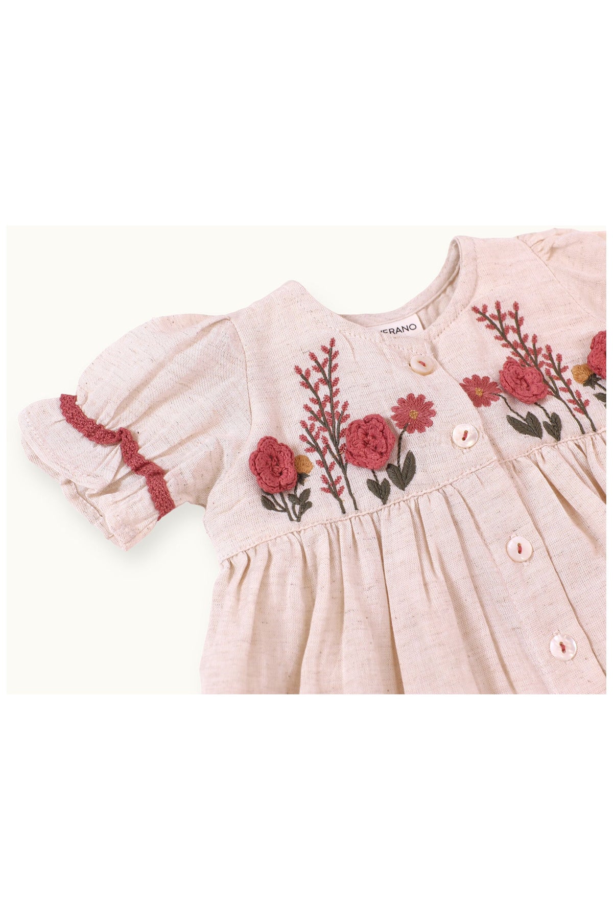 Victoria Embroidered Floral Baby Dress + Bloomer (Linen)