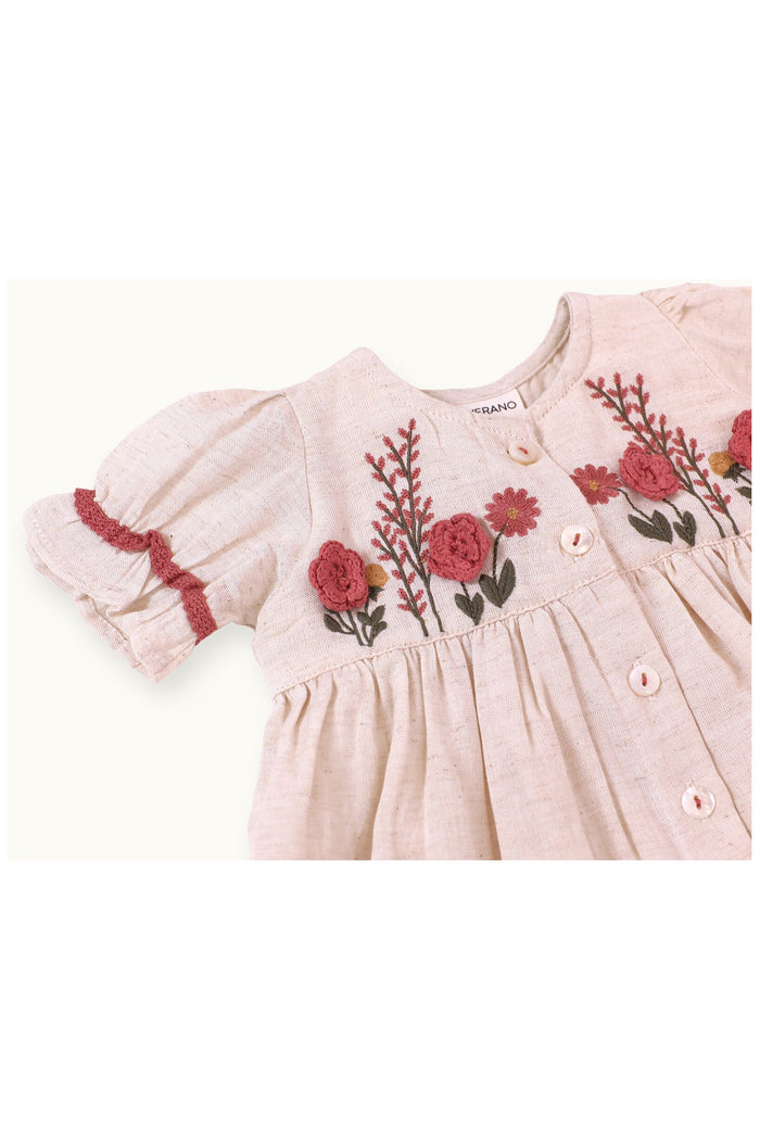 Victoria Embroidered Floral Baby Dress + Bloomer (Linen)