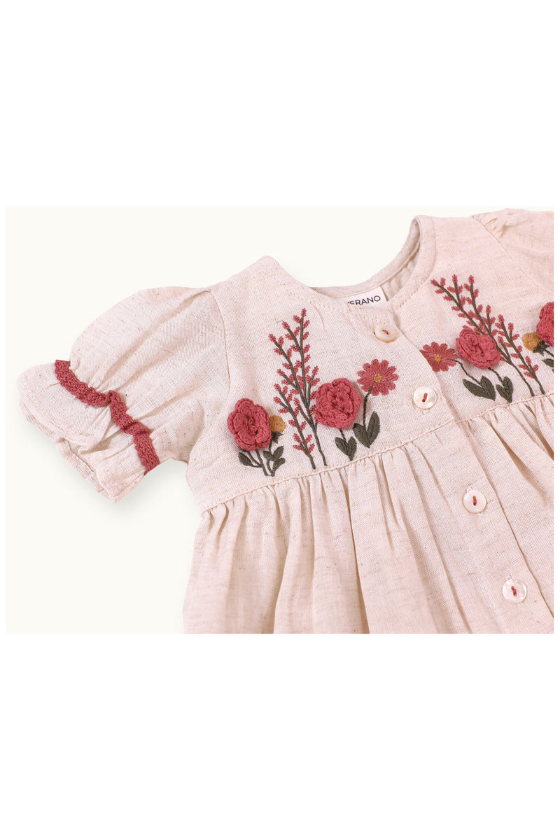 Victoria Embroidered Floral Baby Dress + Bloomer (Linen)