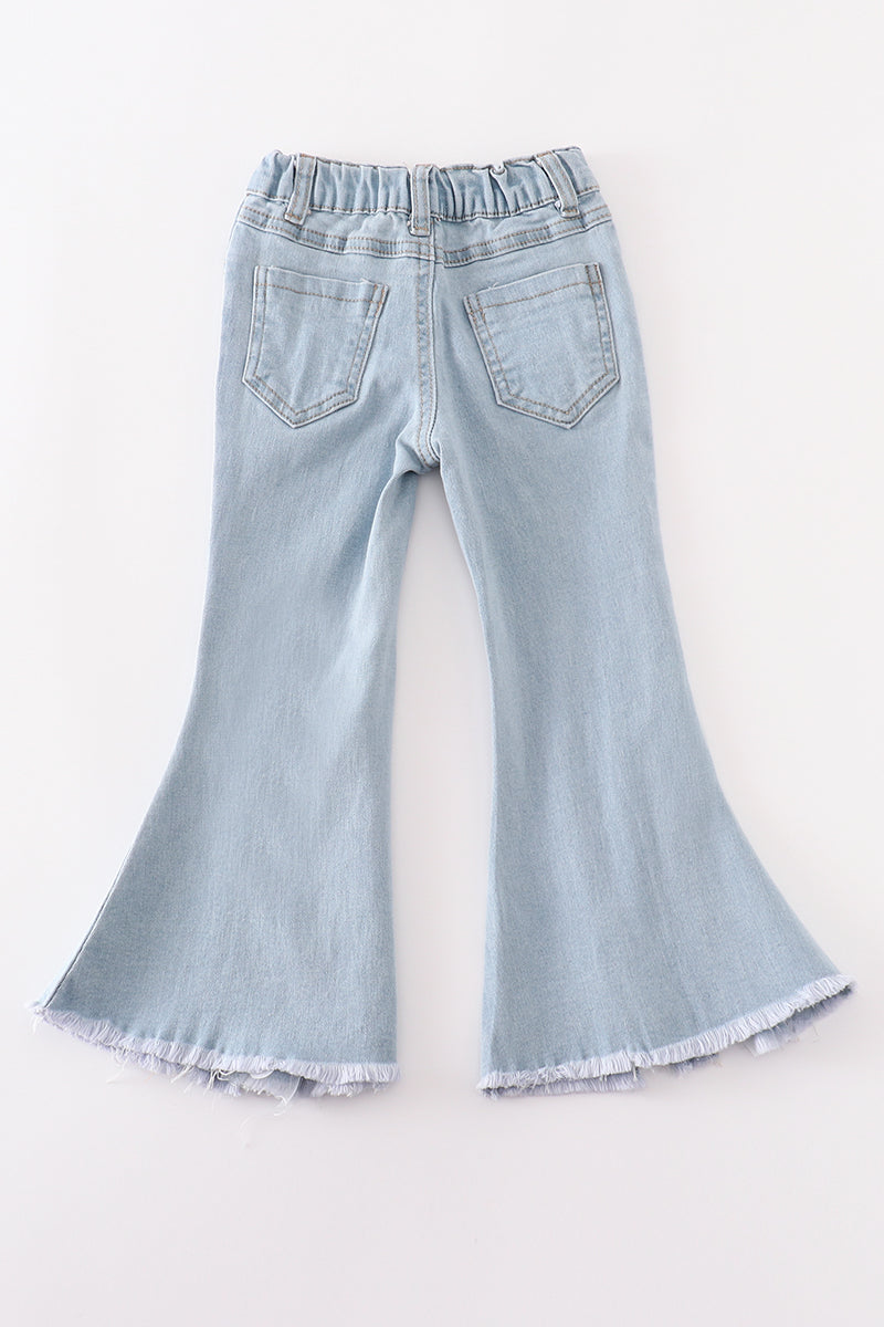 Blue open front lace denim jeans