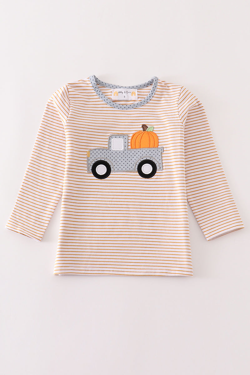 Premium Beige stripe truck pumpkin applique top