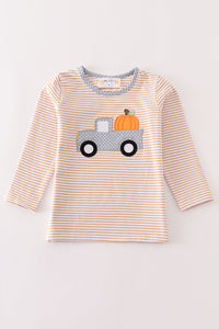 Premium Beige stripe truck pumpkin applique top