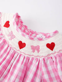 Valentine's Day Heart Bow Smocking Embroidered Pink Dress