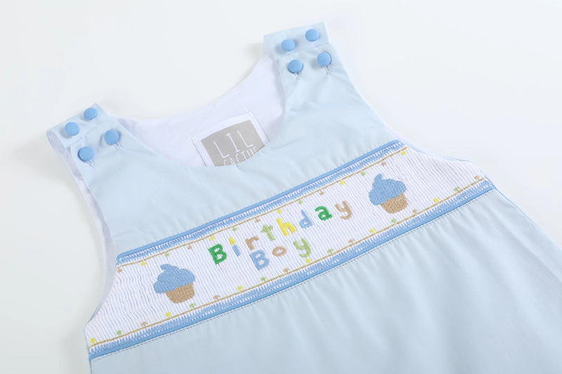 Blue Birthday Boy Smocked Shortalls