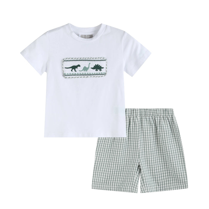 Dinosaur Smocked Tee and Green Gingham Shorts Set