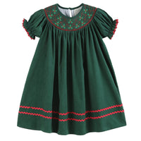 Green Christmas Mistletoe Smocked Bishop Dress