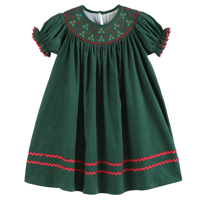 Green Christmas Mistletoe Smocked Bishop Dress