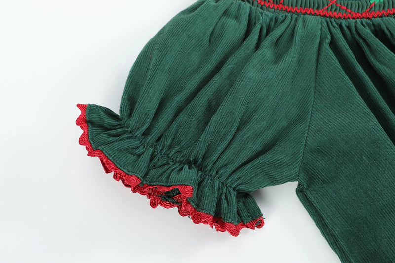 Green Christmas Mistletoe Smocked Bishop Dress