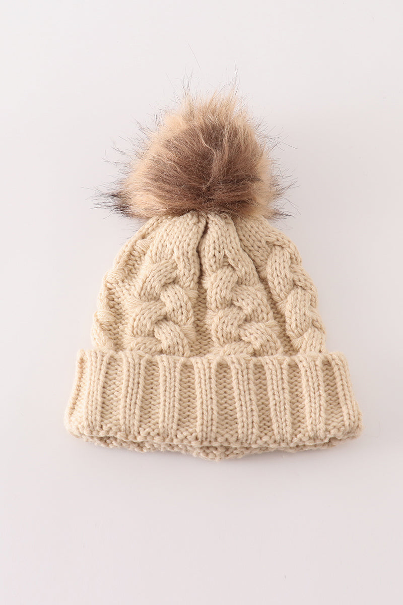 Beige pompom  cable beanie