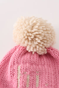 Pink pompom hi cable beanie