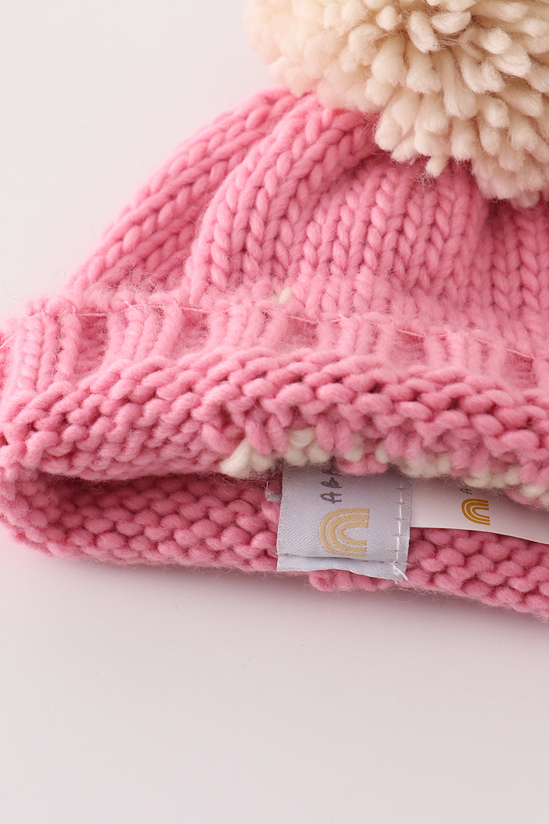 Pink pompom hi cable beanie