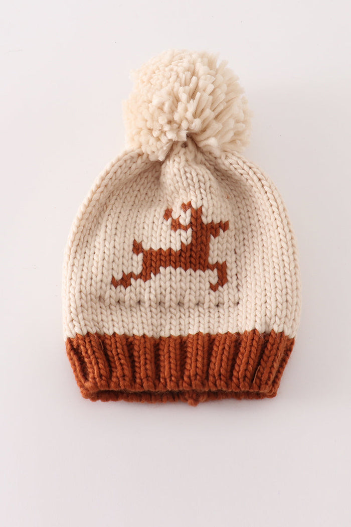 Beige pompom reindeer cable beanie