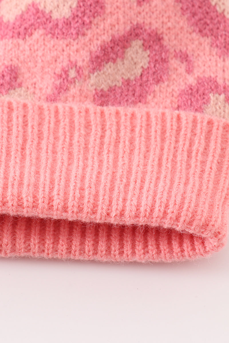 Pink pompom leopard cable beanie