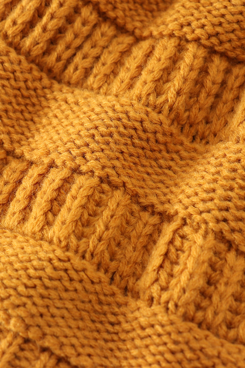 Mustard pompom cable beanie