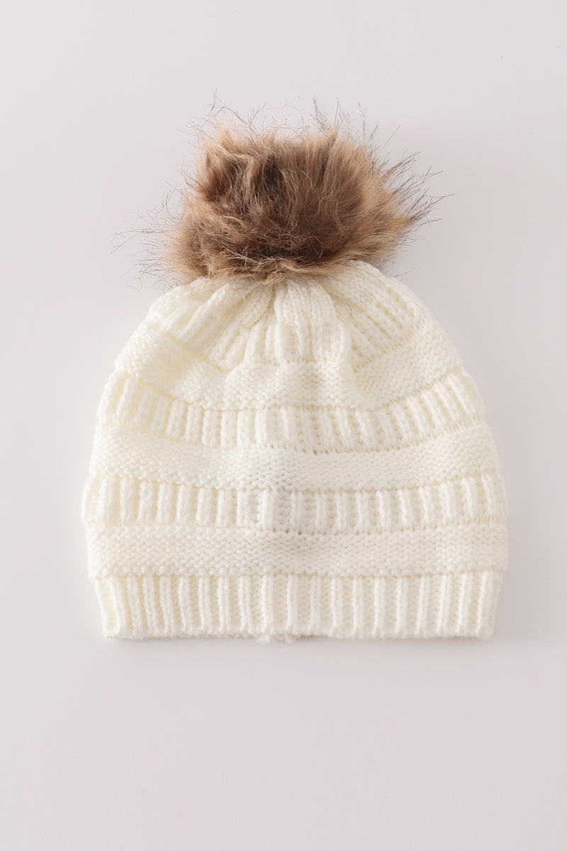 Ivory pompom cable beanie