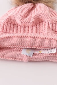 Pink pompom cable beanie