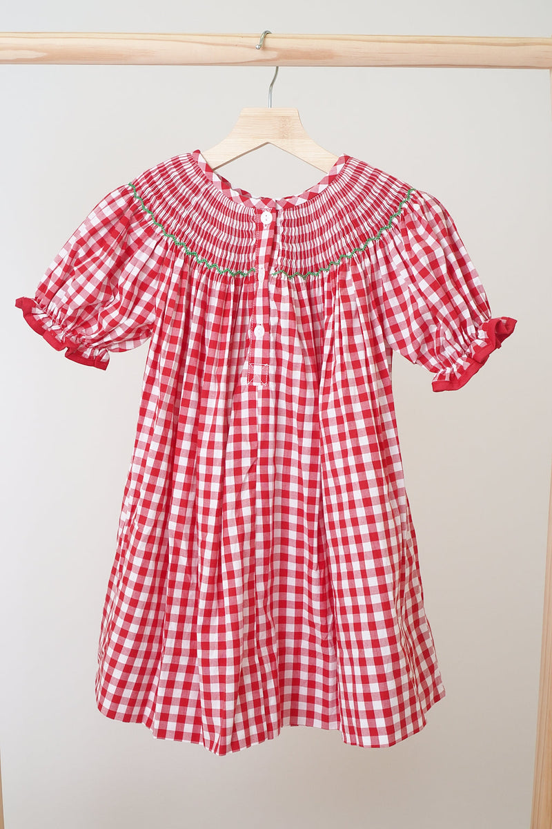 Red christmas tree hand smocked gingham dress