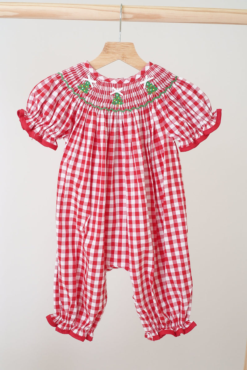 Red christmas tree hand smocked gingham romper