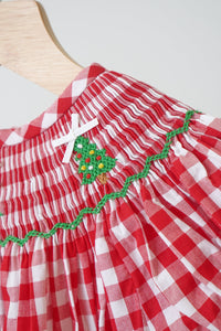 Red christmas tree hand smocked gingham romper