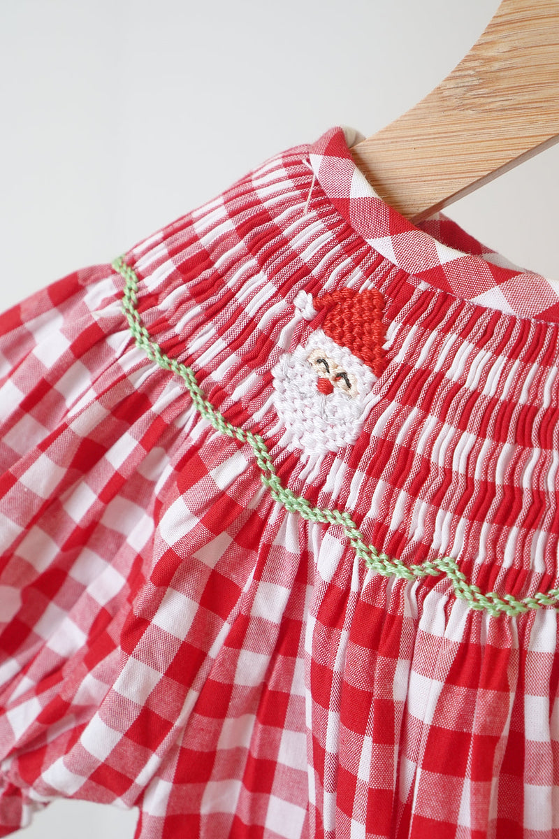 Red chrismtas santa tree reindeer hand smocked gingham romper