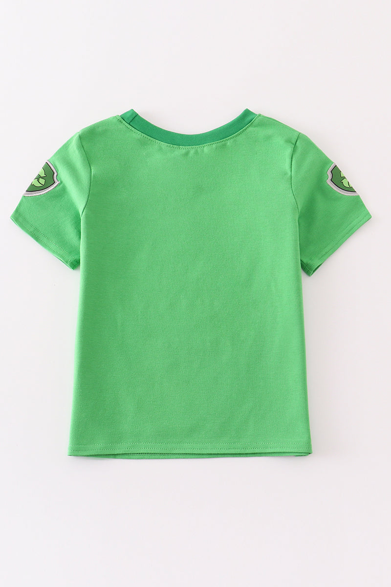 Green character applique boy top