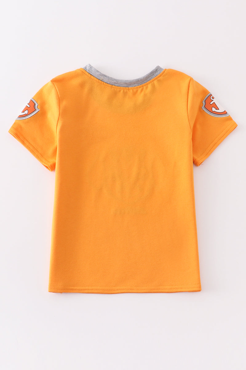 Orange character applique boy top